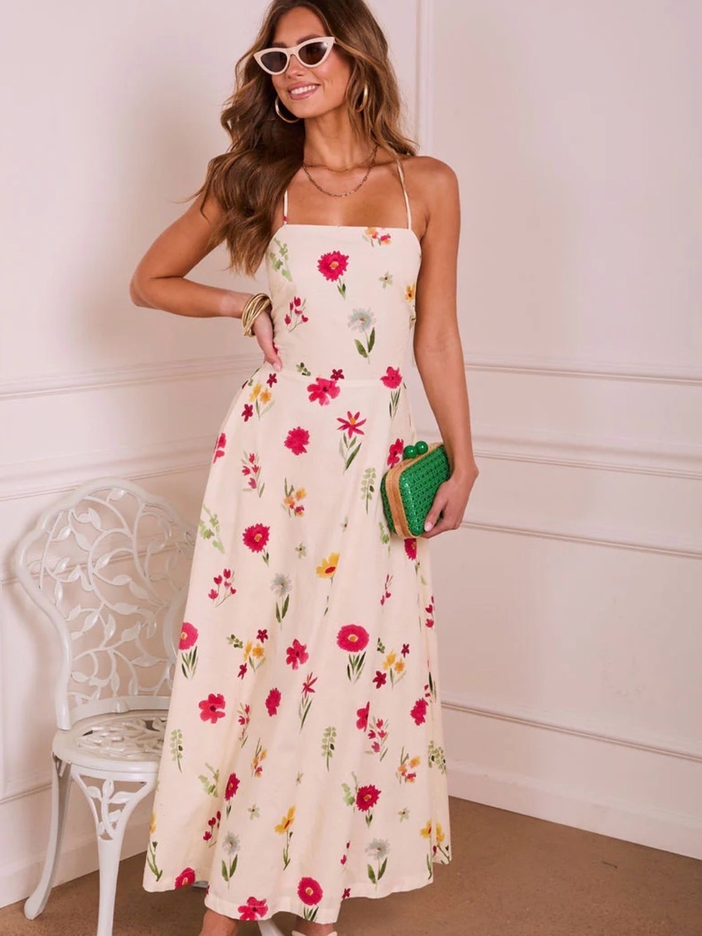 Floral Spaghetti-Strap Maxi Dress in Cream and Pink
